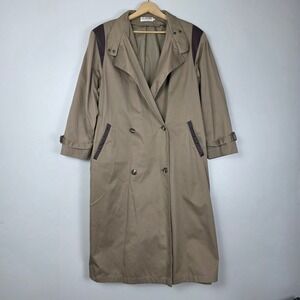 JG Hook Women's Trench Coat Tan Double Breasted Leather Trim Size 18
